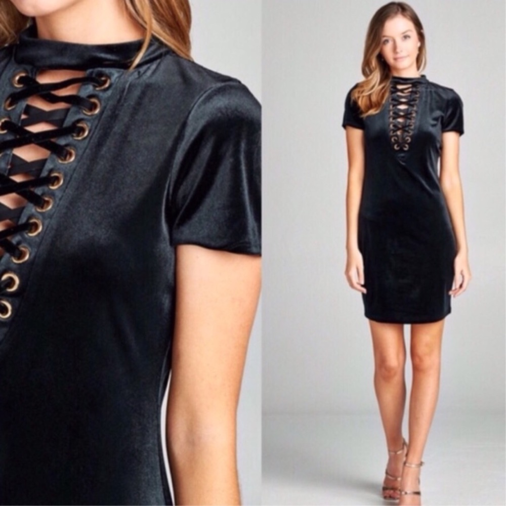 Black Velvet Lace-Up Body Con Mini Dress - Picture 2 of 2